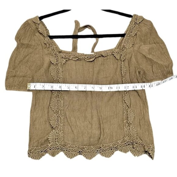 Boho Lace Trim Olive Green Linen Blend Square Neck Blouse By Mine Size G - Picture 6 of 6